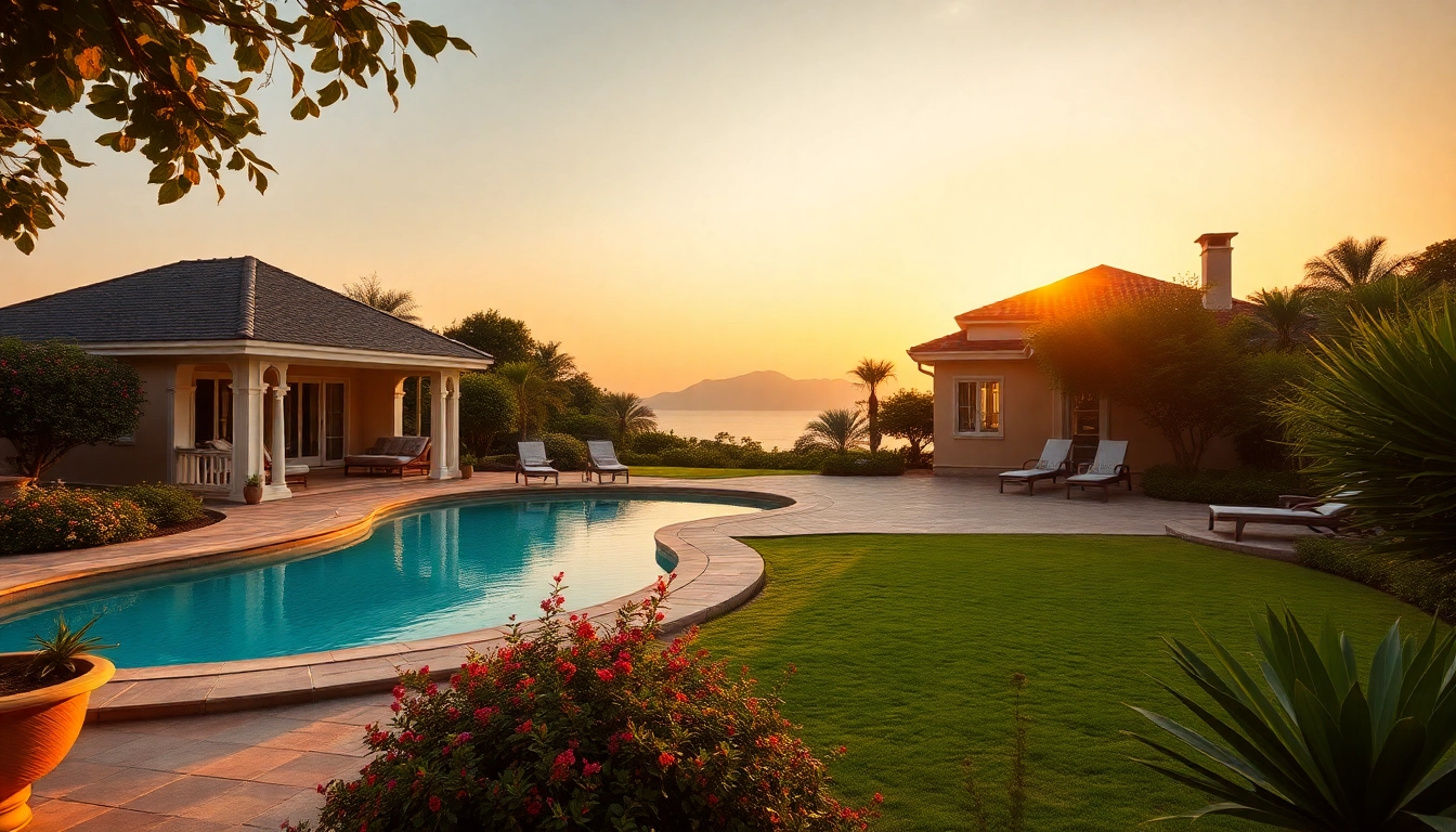 Villa management service featuring a luxurious garden and pool creating a tranquil retreat atmosphere.