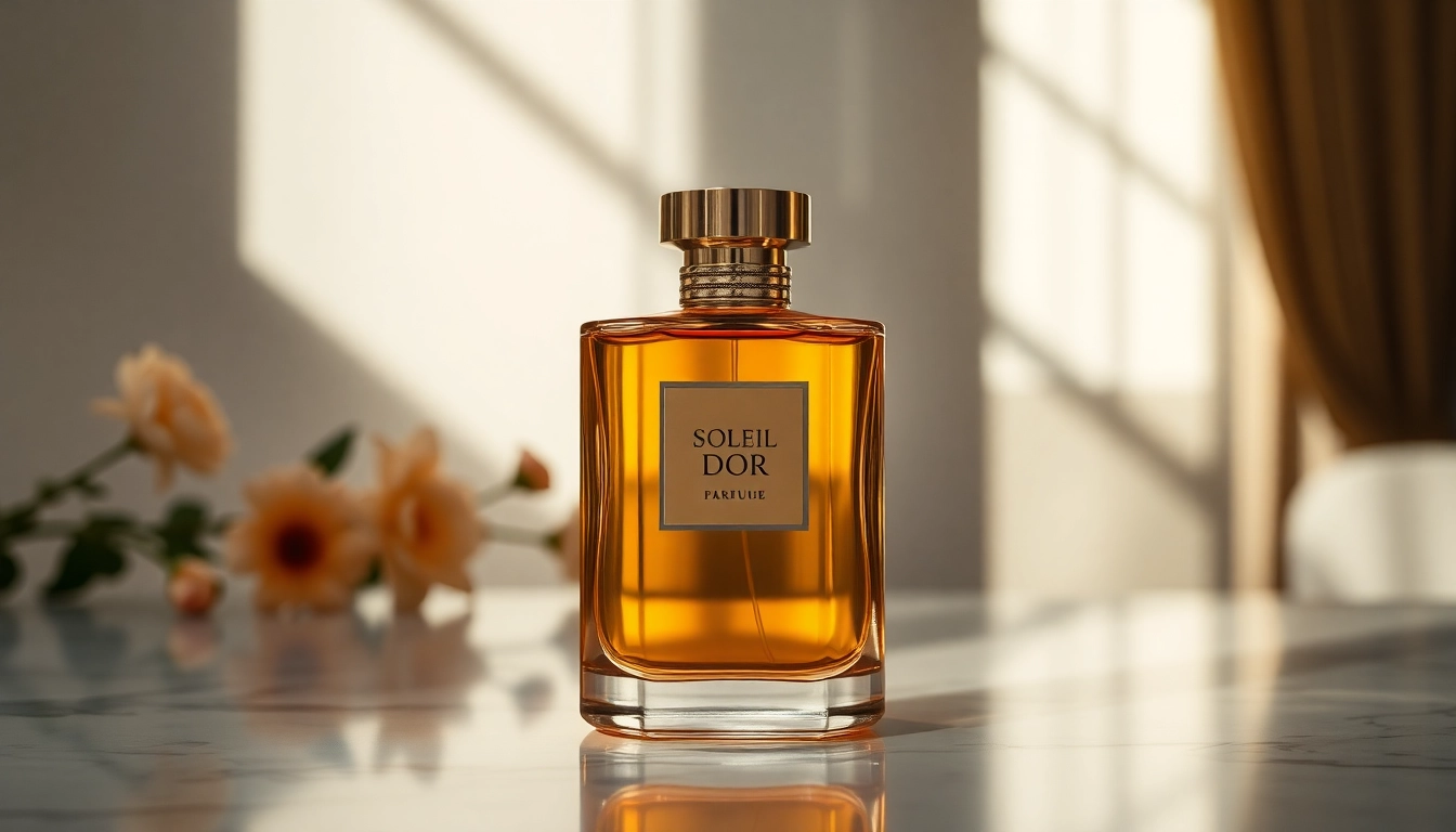 Capture the essence of Soleil Dor fragrance with an elegant bottle showcased on a marble surface.