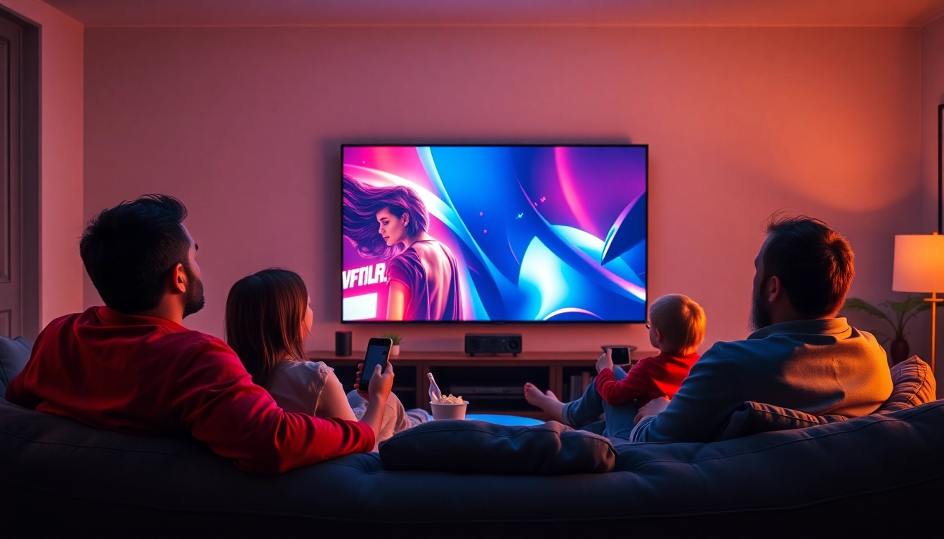 Stream iptv suisse entertainment with family on a big screen in a cozy living room.