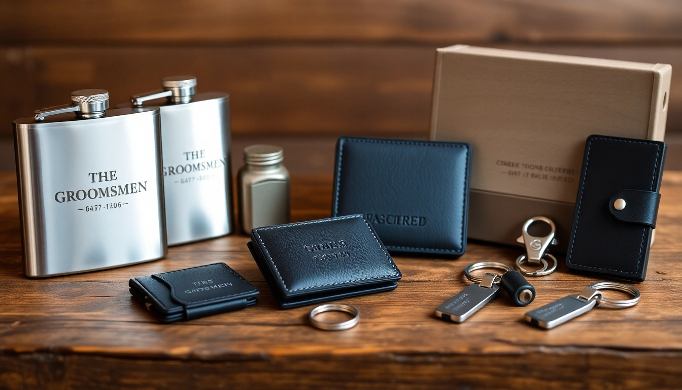 Showcase cheap groomsmen gifts including unique flasks, wallets, and keychains displayed elegantly.