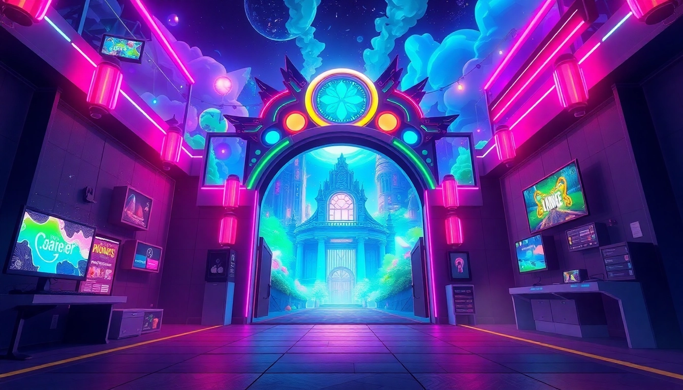 Engaging gateway illustrating ทางเข้าpg to an exciting online gaming experience with neon colors.