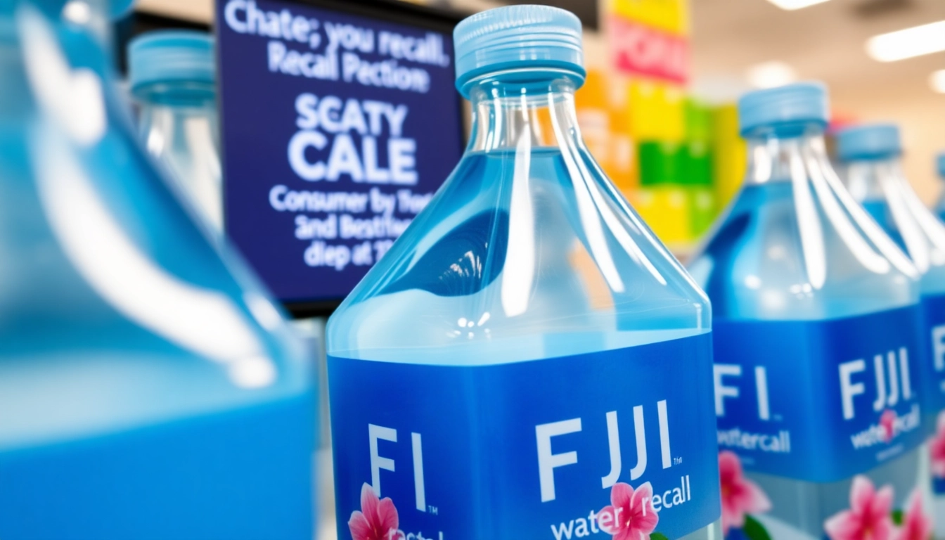 Highlight FDA recalls Fiji water in a store display with bottles and a digital notice.