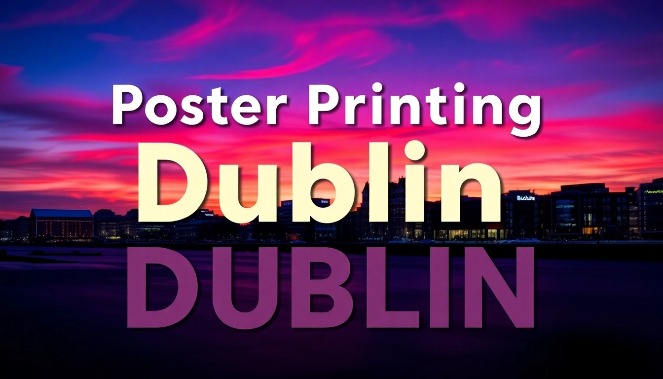 Showcase a poster printing service in Dublin featuring colorful designs and modern aesthetics for vibrant marketing.