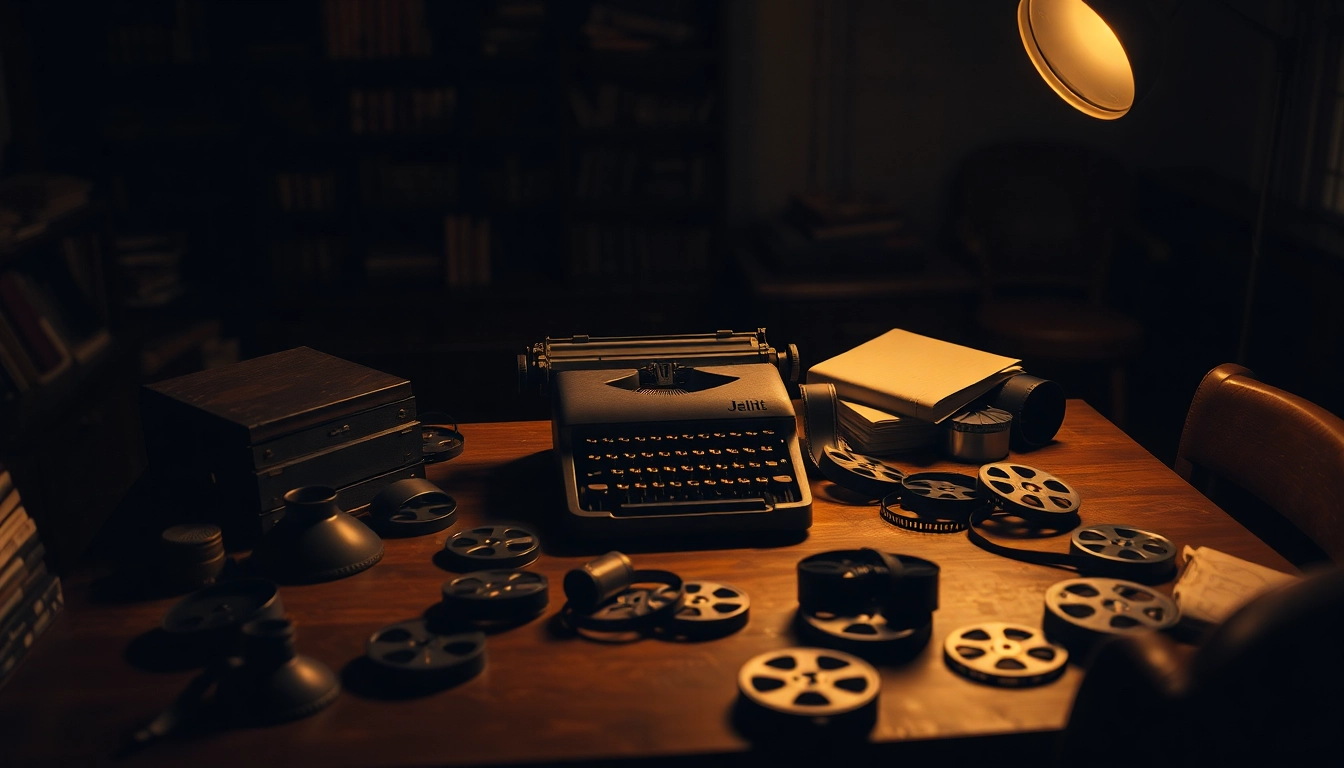 Engaging top movie reviews at a critic's desk with film reels and a vintage typewriter.