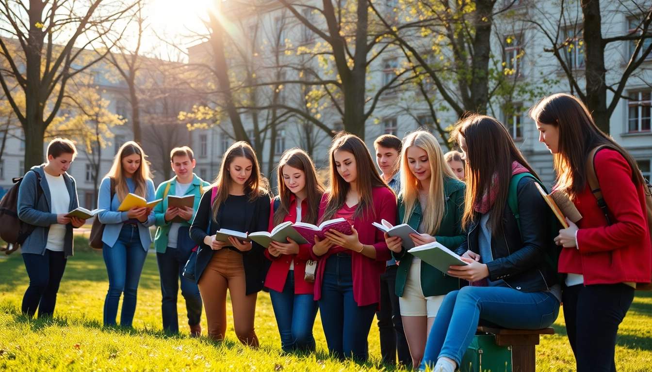 Students engaging in Polonya'da Üniversite Eğitimi surrounded by a beautiful campus landscape.