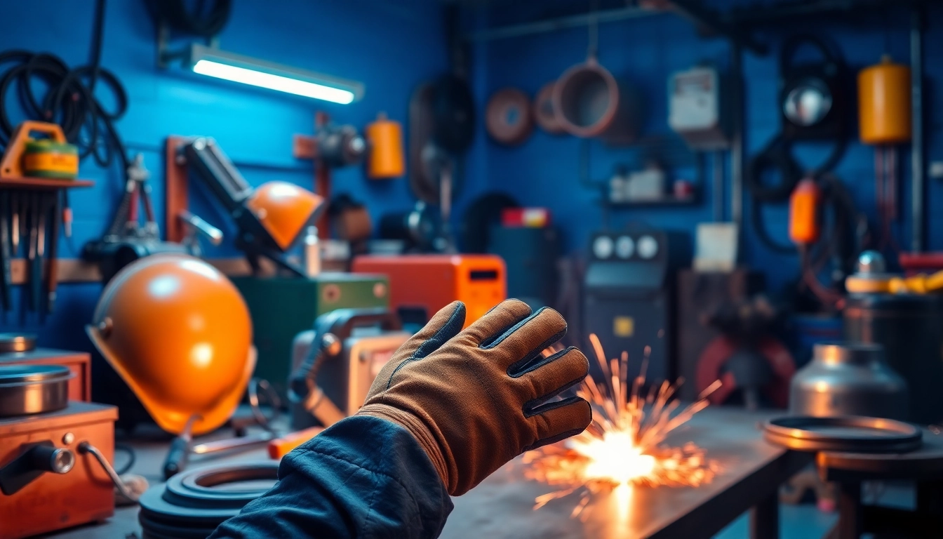 Welding supplies including helmets and protective gear efficiently organized in a workshop setting.