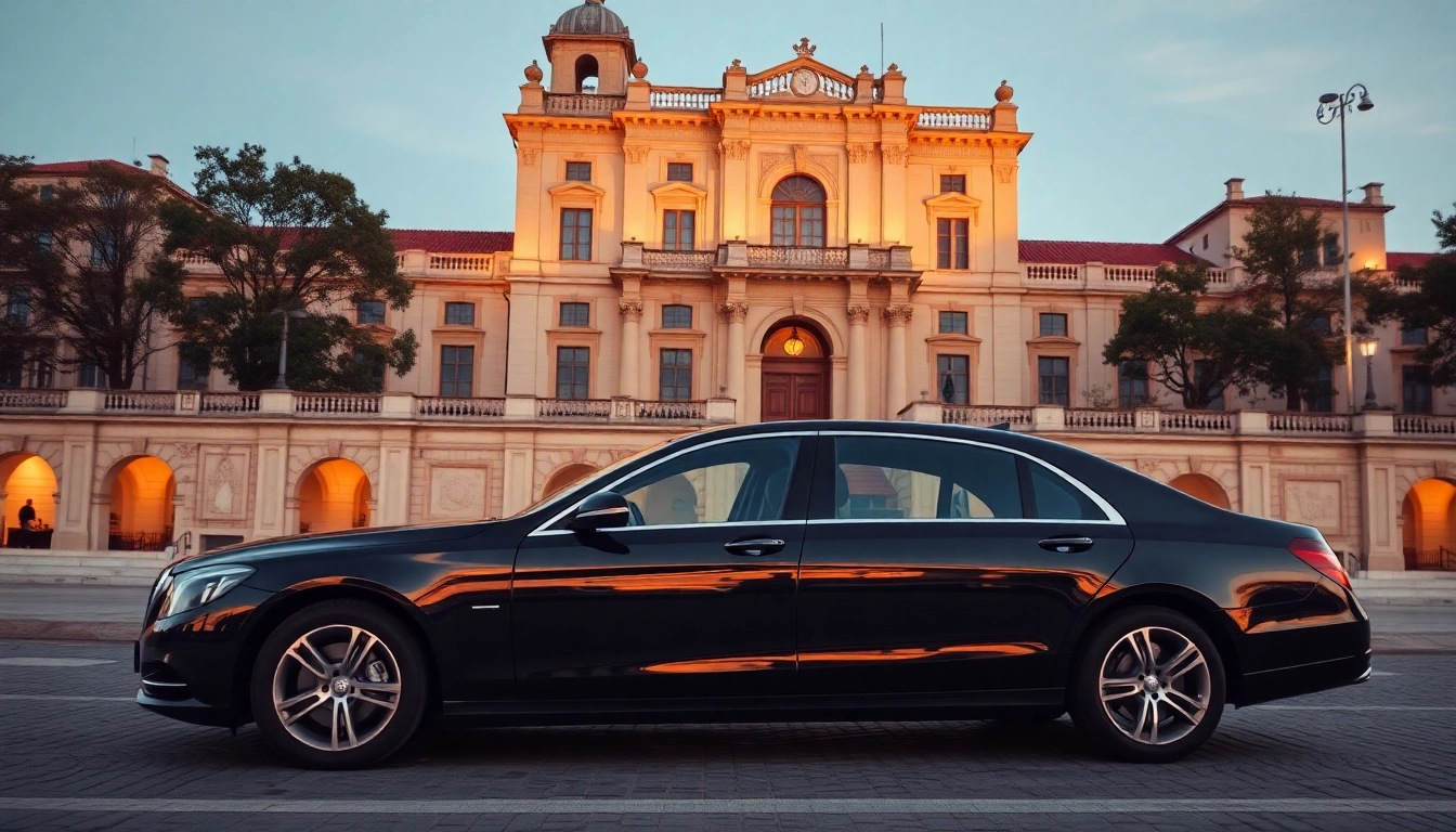 Luxury hire chauffeur Lisbon awaits at a historic Lisbon site, showcasing sophistication and elegance.