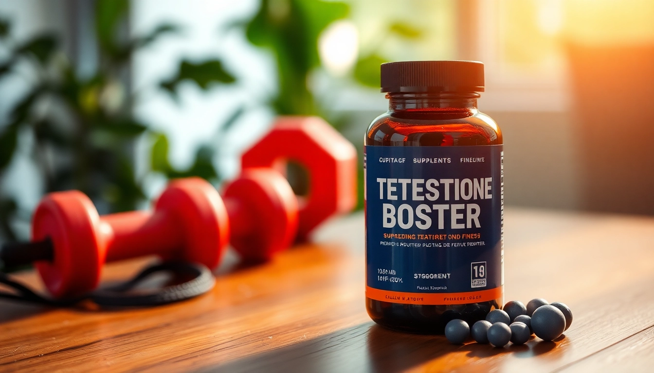 Showcasing a Testosteron-Booster supplement bottle amidst fitness accessories, promoting health and vitality.