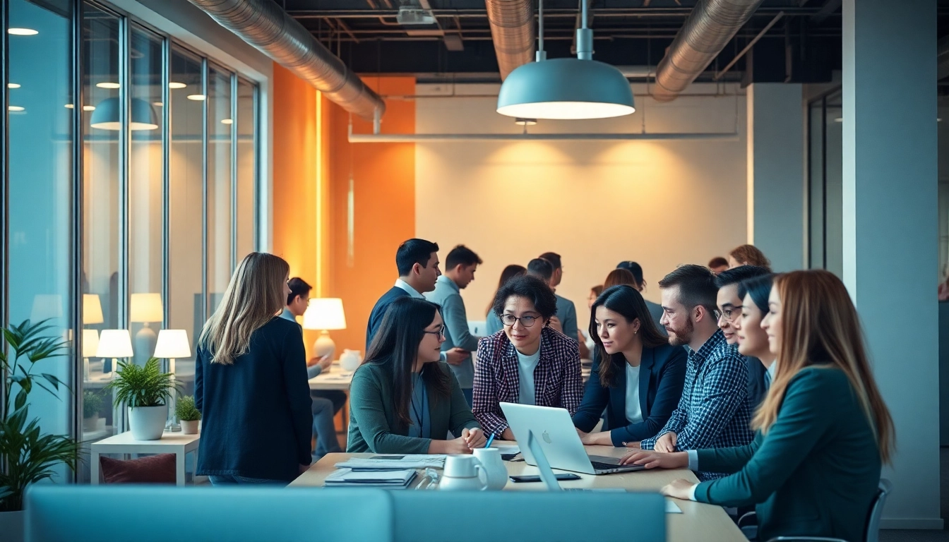 Outsourcing teams collaborating in a modern office setting.