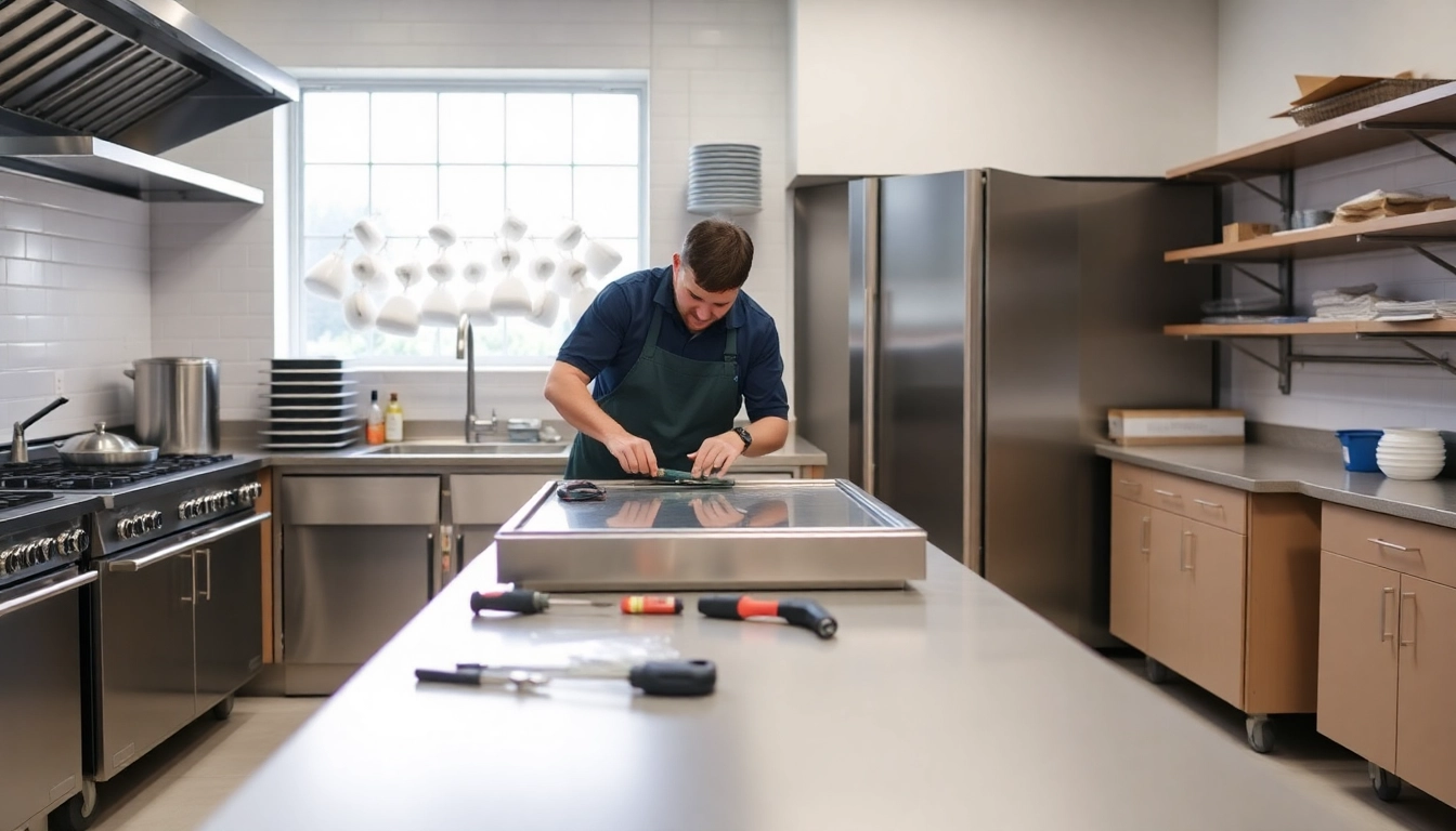 Fixing a prep table repair with precision and care in a professional kitchen setting.