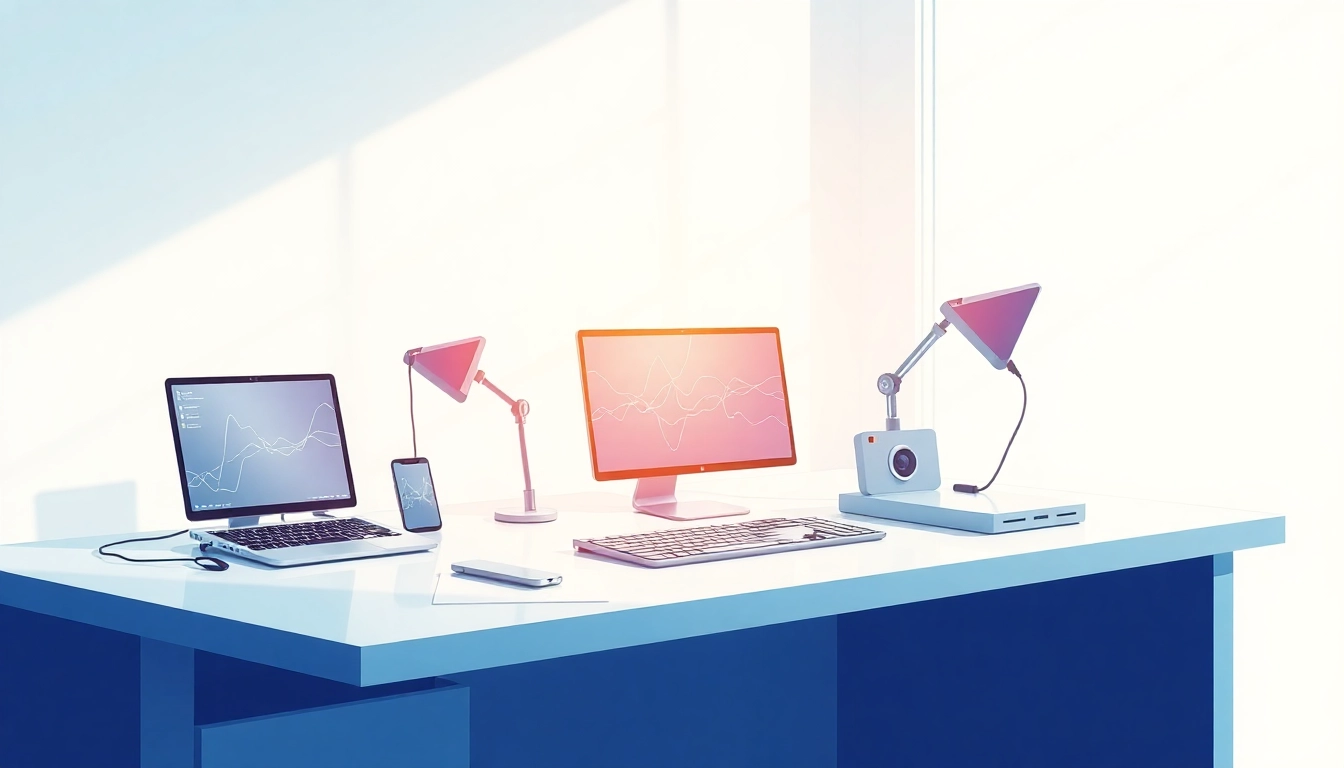 Tech gadgets and devices displayed on a modern desk, showcasing innovation and design.