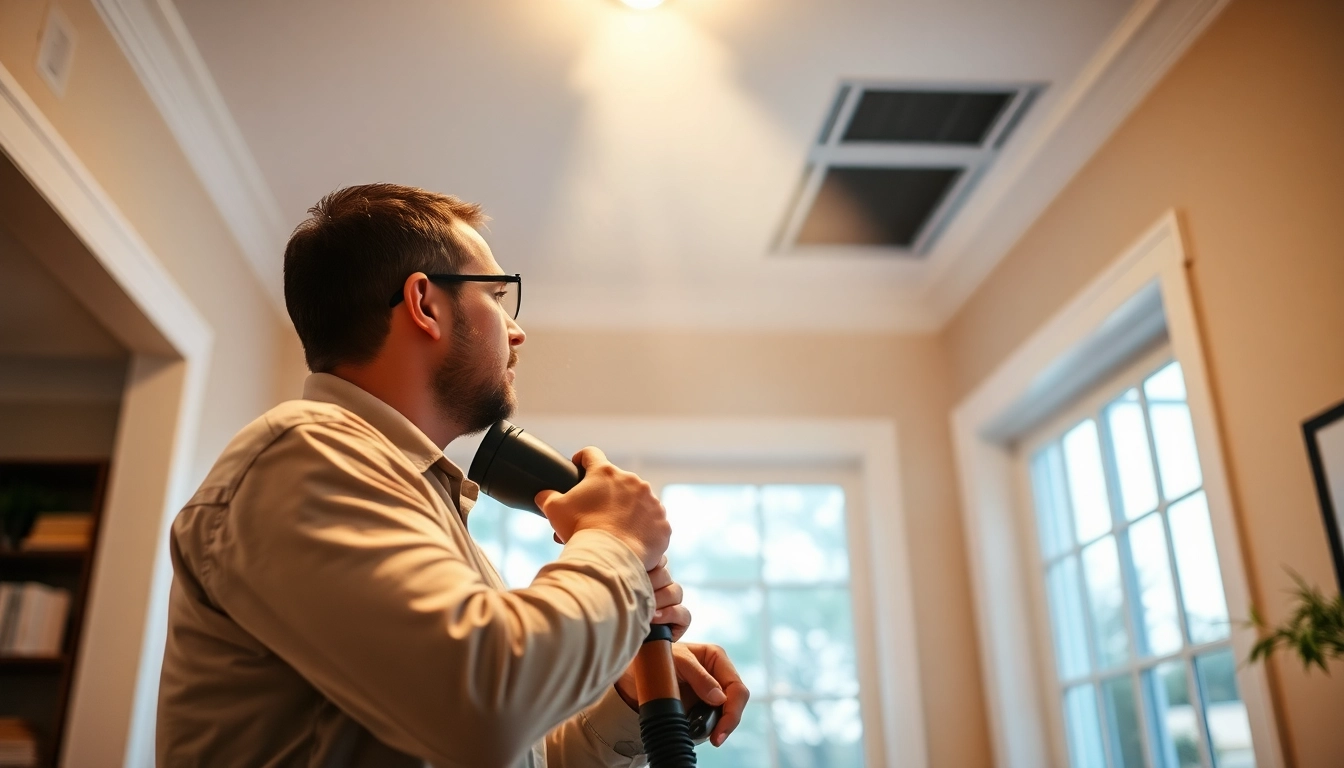 Technician performing air duct cleaning salt lake city utah in a spacious, well-lit home.