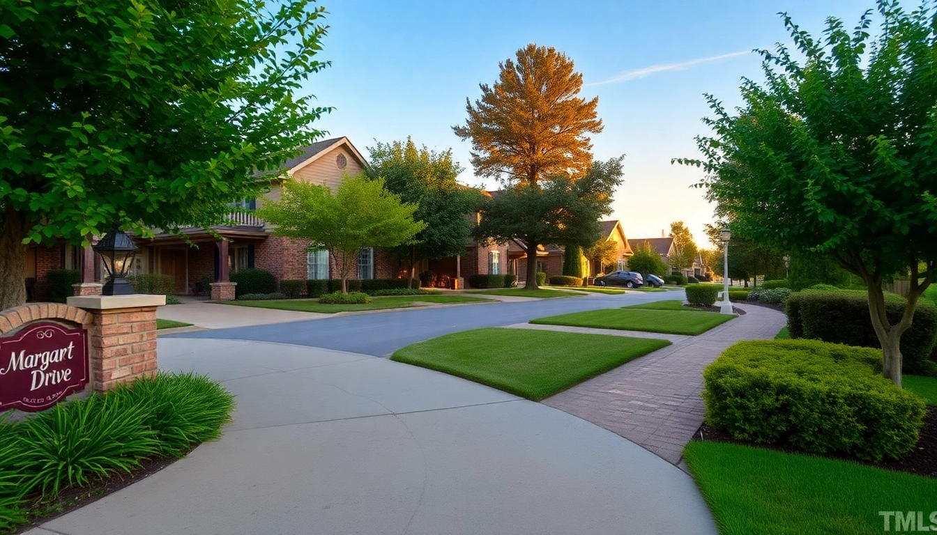 Experience the charm of Margaret Drive Residence surrounded by vibrant landscaping and a peaceful sunset.