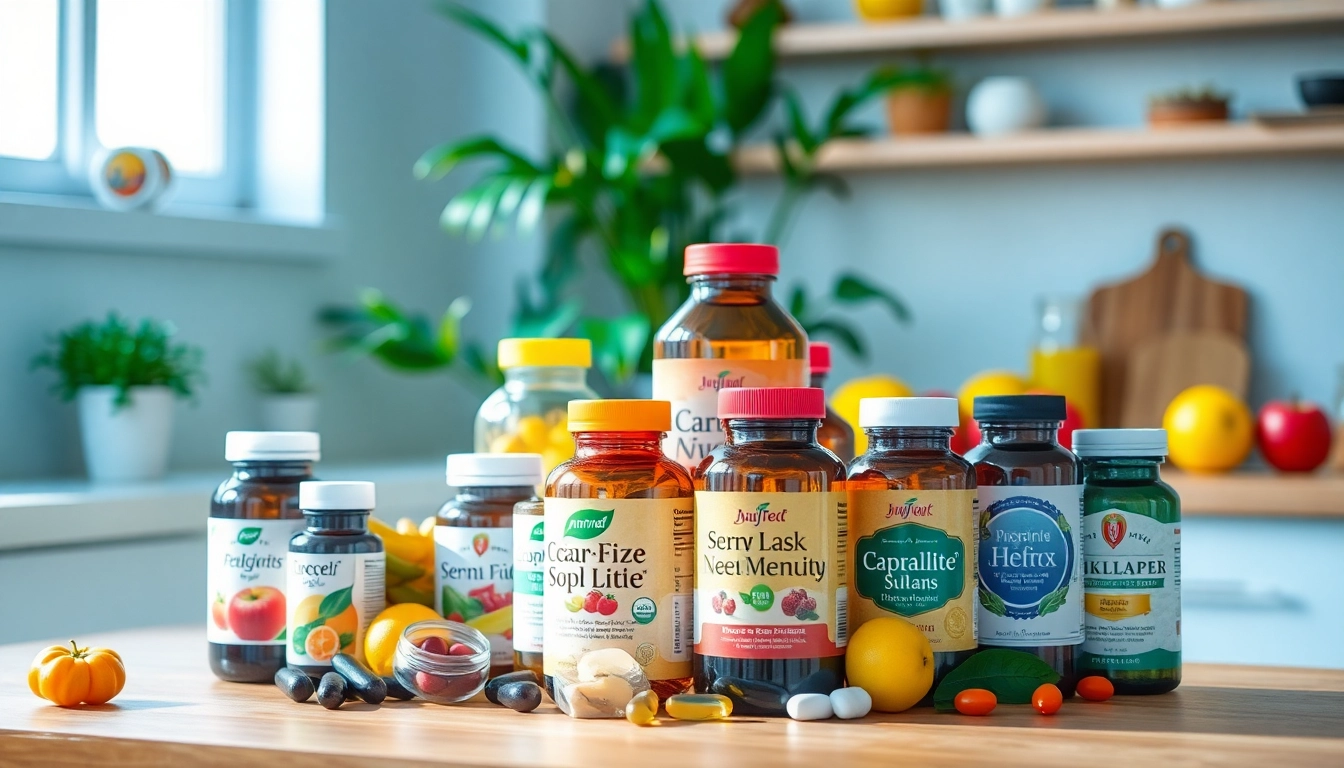 Showcasing dietary supplements in vibrant bottles on a kitchen table, promoting health and wellness.