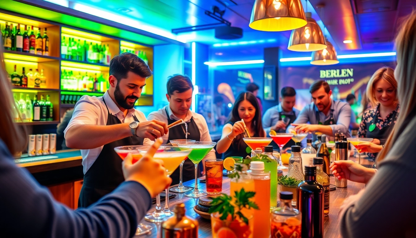 Participants enjoying a cocktail kurs berlin, creating vibrant drinks with fresh ingredients.