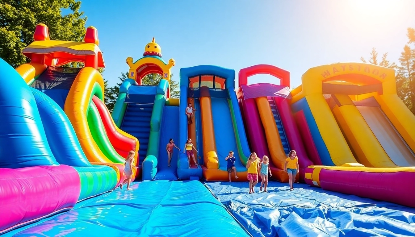 Kids having fun on inflatable slide rental during a sunny outdoor event.