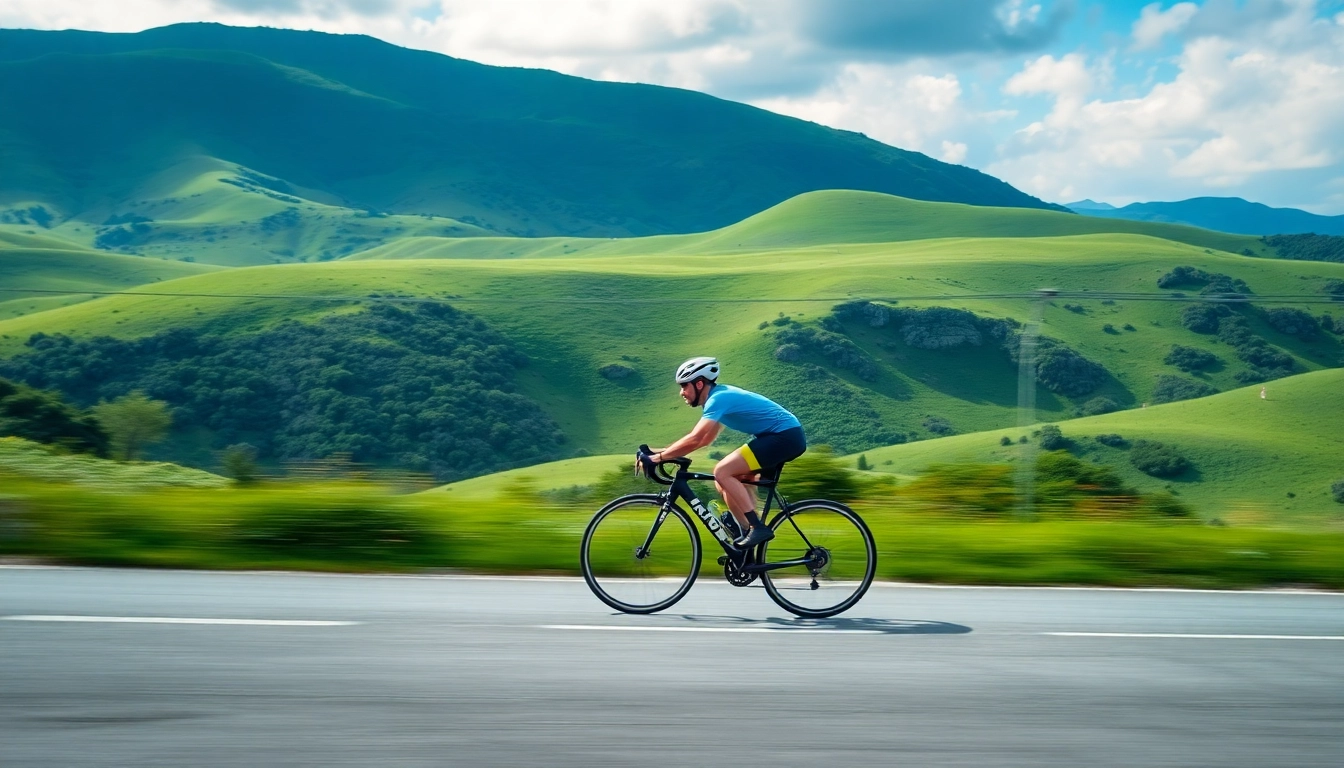 Cycling enthusiast riding through lush green hills, showcasing speed and outdoor energy.