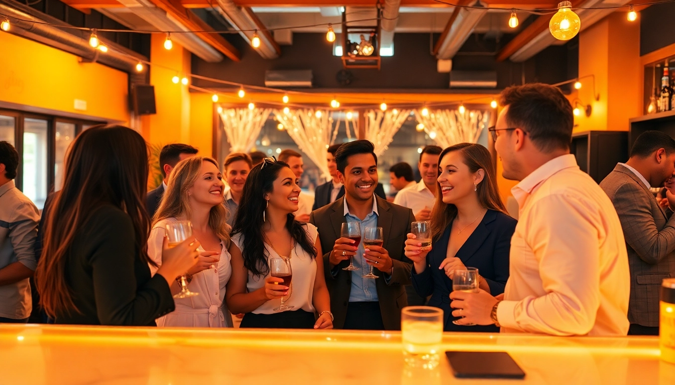 Celebrate an After Work Party with colleagues sharing laughter and drinks in a cozy venue.