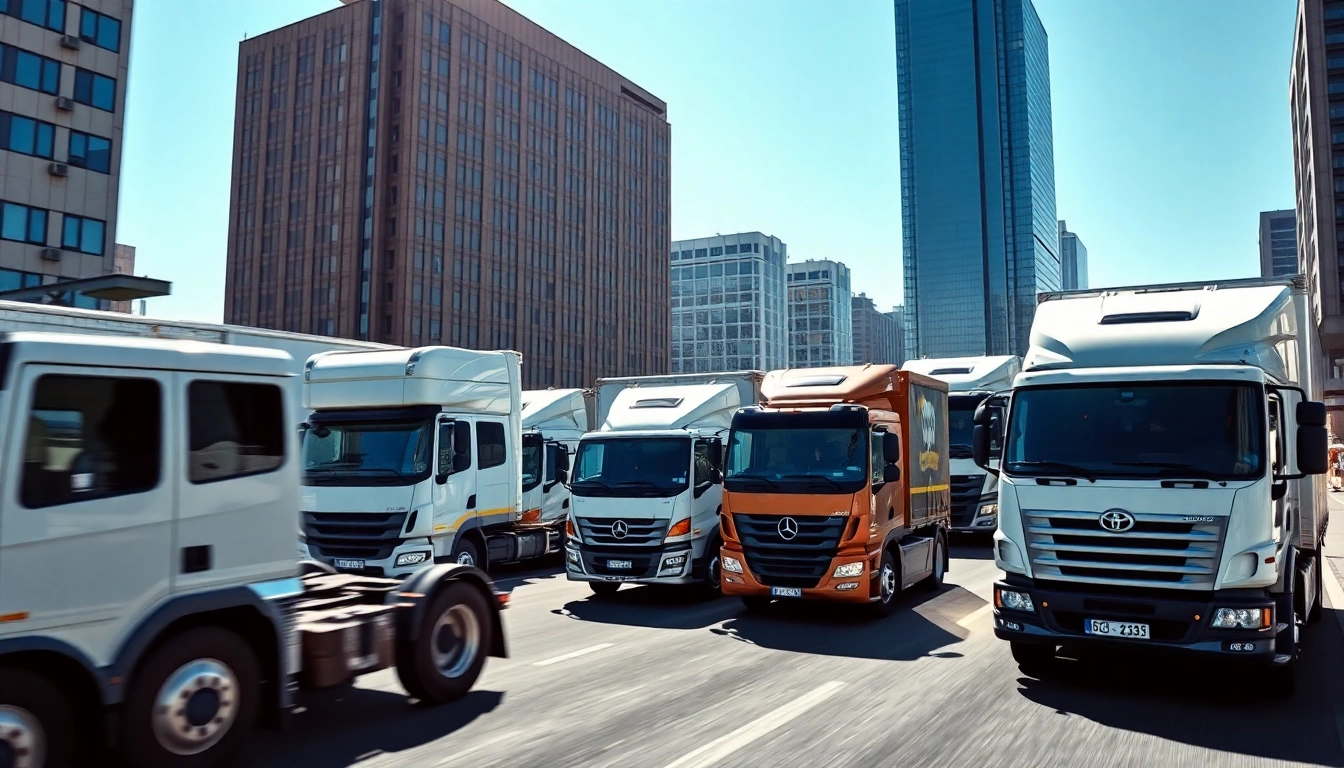 Visualize a fleet solutions service with various commercial vehicles in motion, ensuring reliability and efficiency.