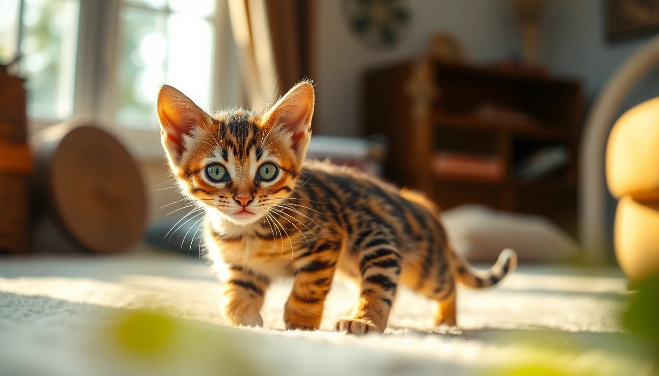 Registered Bengal Breeder showcases an adorable Bengal kitten playing in a sunlit living room.