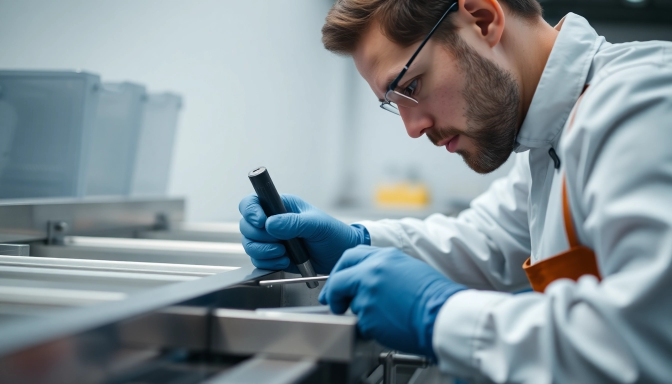 Technician performing prep table repair with essential tools in a commercial kitchen.