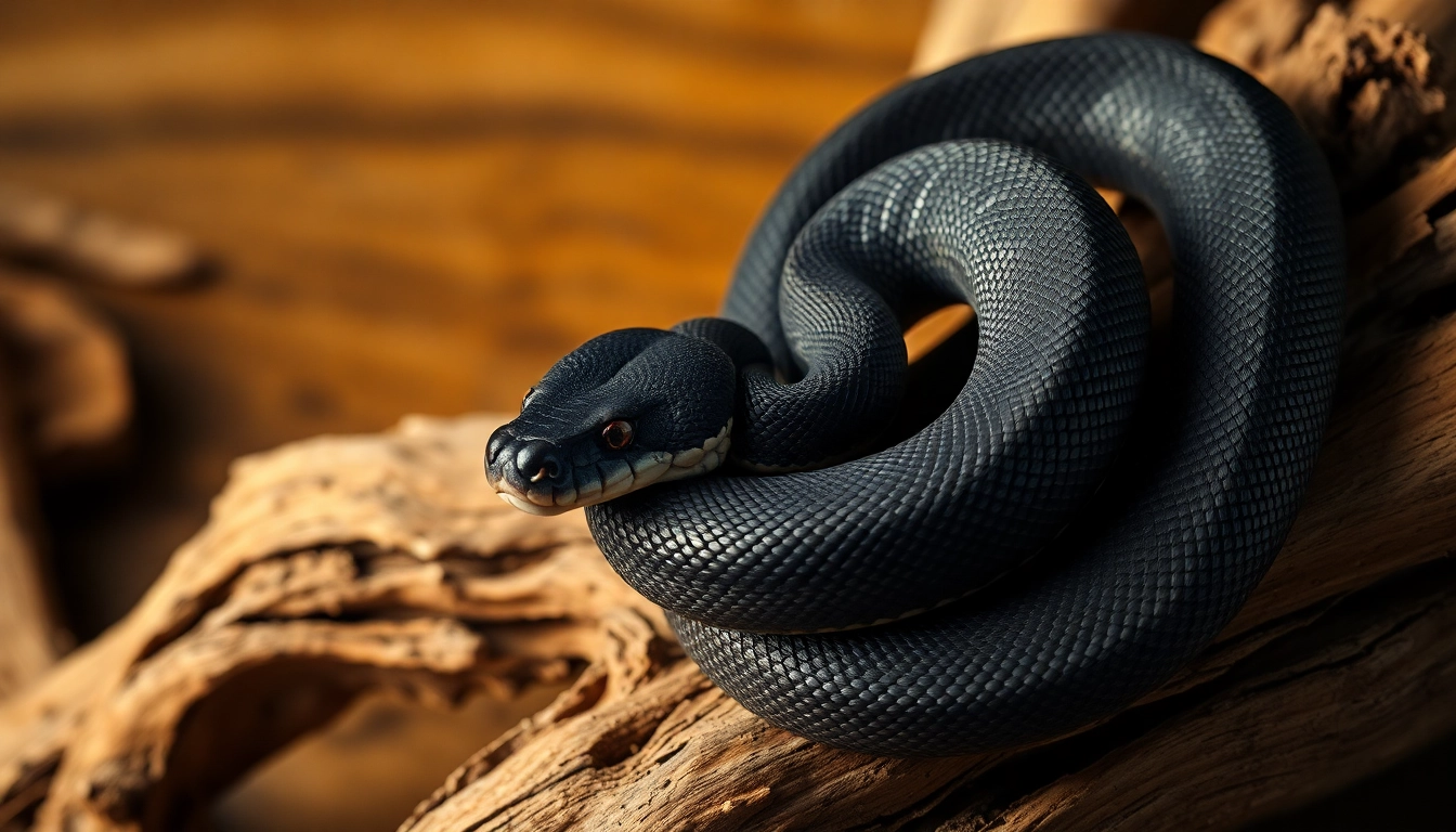 Black ball python for sale​ showcasing its glossy scales and unique patterns in a natural setting.